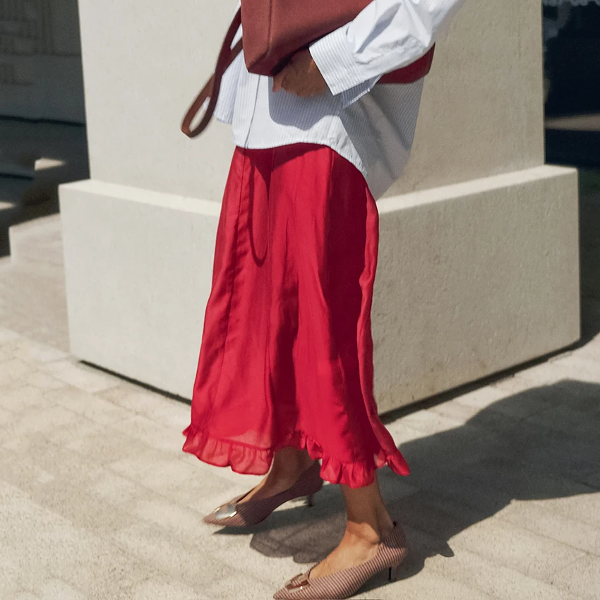 Linad Street Chic Red Long Trumpet Skirts For Woman 2026 Autumn Vintage Loose High Waist Skirts Casual Ruffles Mid Calf Skirt