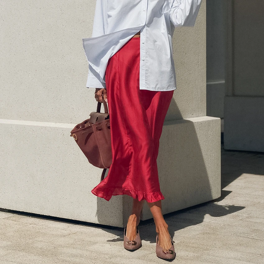 Linad Street Chic Red Long Trumpet Skirts For Woman 2026 Autumn Vintage Loose High Waist Skirts Casual Ruffles Mid Calf Skirt