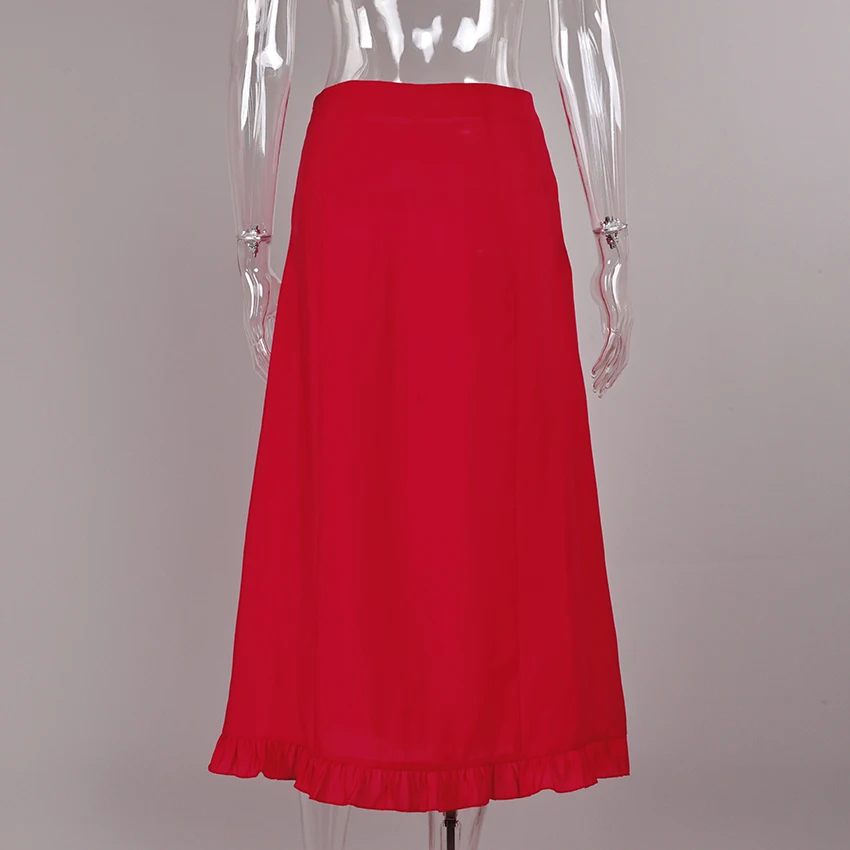 Linad Street Chic Red Long Trumpet Skirts For Woman 2026 Autumn Vintage Loose High Waist Skirts Casual Ruffles Mid Calf Skirt