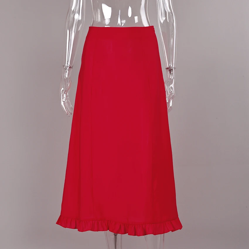 Linad Street Chic Red Long Trumpet Skirts For Woman 2026 Autumn Vintage Loose High Waist Skirts Casual Ruffles Mid Calf Skirt