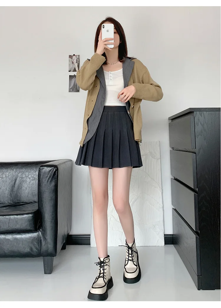 Brown High Waist Pleated Skirts for Women A-Line Mini Tennis Skirt with Lining Shorts Ladies Spring Summer Casual Basic Skirts