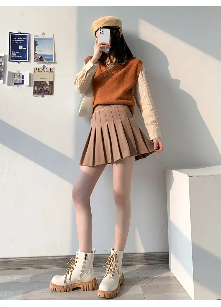Brown High Waist Pleated Skirts for Women A-Line Mini Tennis Skirt with Lining Shorts Ladies Spring Summer Casual Basic Skirts