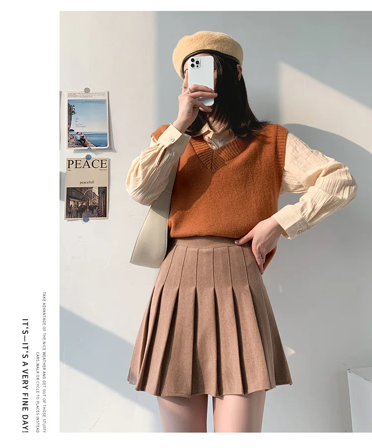 Brown High Waist Pleated Skirts for Women A-Line Mini Tennis Skirt with Lining Shorts Ladies Spring Summer Casual Basic Skirts