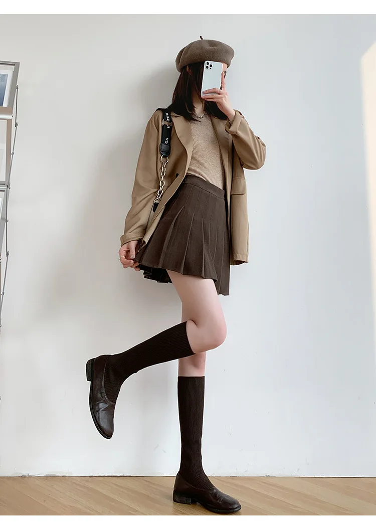 Brown High Waist Pleated Skirts for Women A-Line Mini Tennis Skirt with Lining Shorts Ladies Spring Summer Casual Basic Skirts