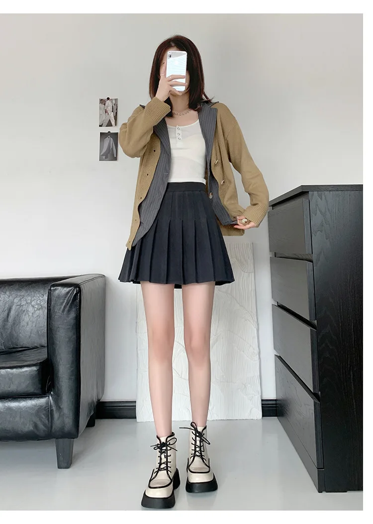 Brown High Waist Pleated Skirts for Women A-Line Mini Tennis Skirt with Lining Shorts Ladies Spring Summer Casual Basic Skirts