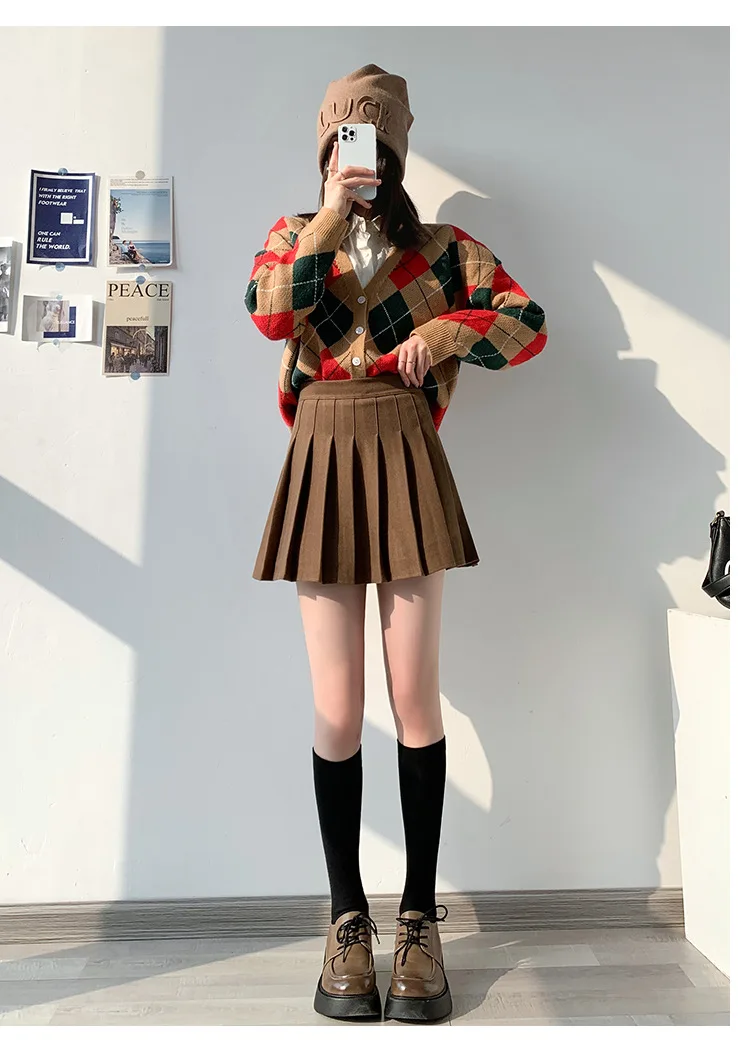 Brown High Waist Pleated Skirts for Women A-Line Mini Tennis Skirt with Lining Shorts Ladies Spring Summer Casual Basic Skirts