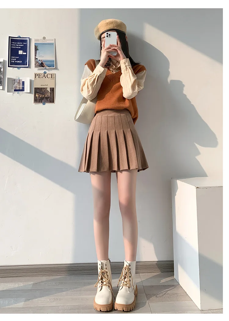 Brown High Waist Pleated Skirts for Women A-Line Mini Tennis Skirt with Lining Shorts Ladies Spring Summer Casual Basic Skirts