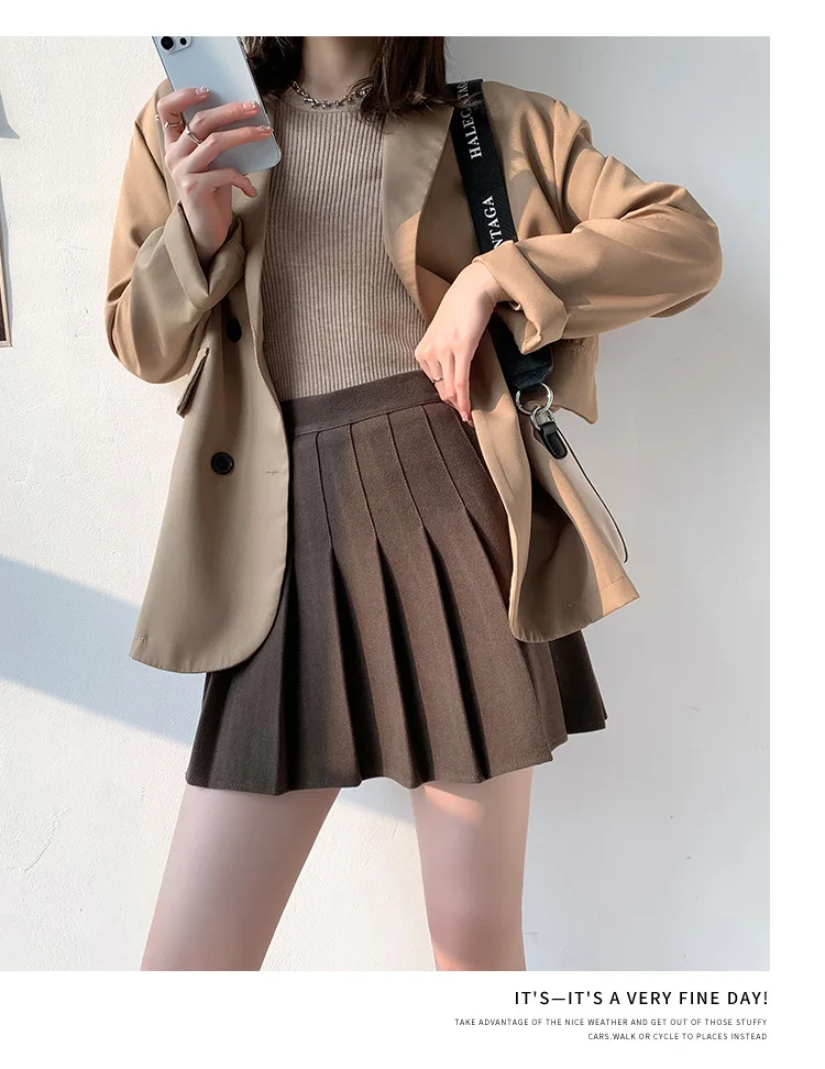 Brown High Waist Pleated Skirts for Women A-Line Mini Tennis Skirt with Lining Shorts Ladies Spring Summer Casual Basic Skirts
