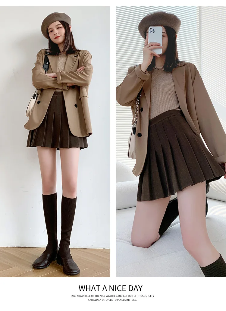 Brown High Waist Pleated Skirts for Women A-Line Mini Tennis Skirt with Lining Shorts Ladies Spring Summer Casual Basic Skirts