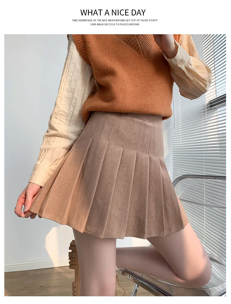 Brown High Waist Pleated Skirts for Women A-Line Mini Tennis Skirt with Lining Shorts Ladies Spring Summer Casual Basic Skirts