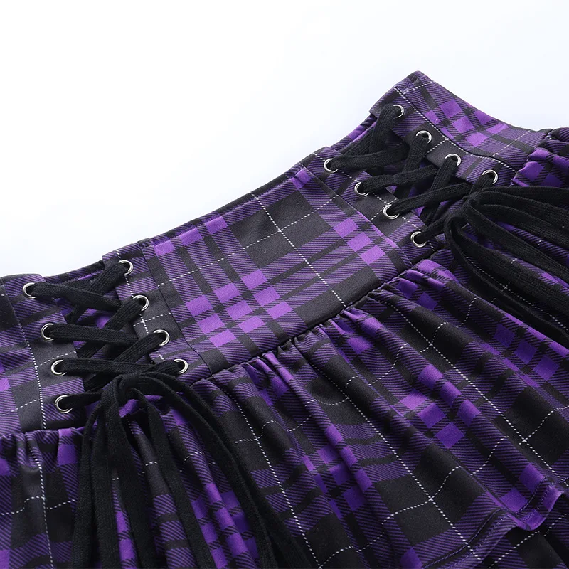 Vintage Y2K Punk Sexy High Waist Mini Skirts Purple Plaid Bandage Harajuku Aesthetic Skirt Goth Grunge Cake Skirt Streetwear