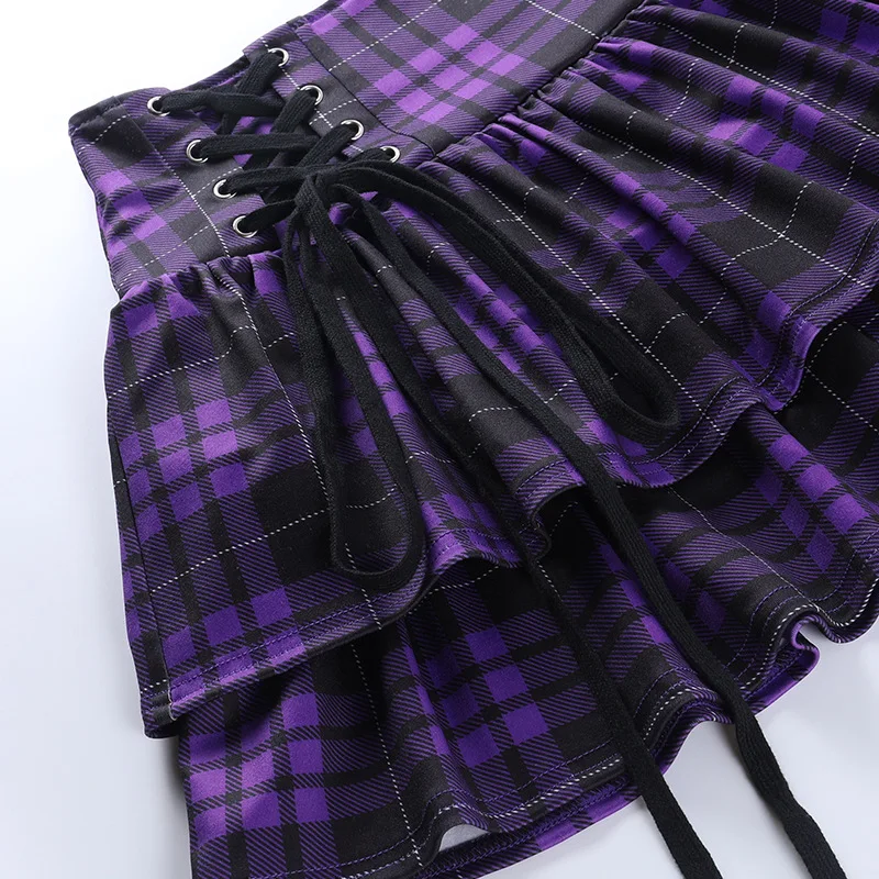 Vintage Y2K Punk Sexy High Waist Mini Skirts Purple Plaid Bandage Harajuku Aesthetic Skirt Goth Grunge Cake Skirt Streetwear