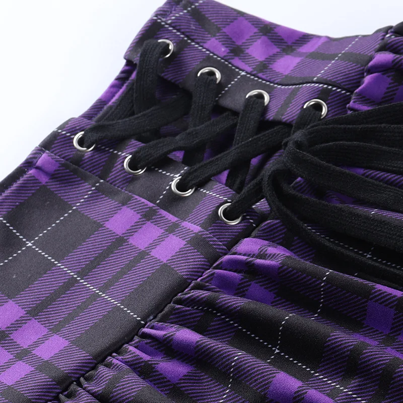 Vintage Y2K Punk Sexy High Waist Mini Skirts Purple Plaid Bandage Harajuku Aesthetic Skirt Goth Grunge Cake Skirt Streetwear
