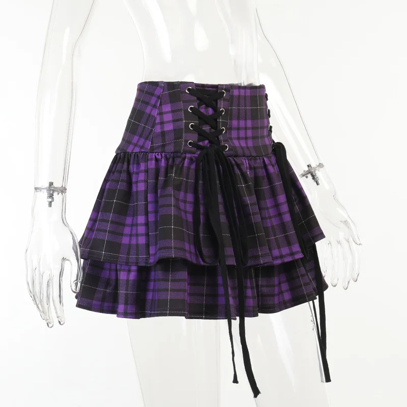 Vintage Y2K Punk Sexy High Waist Mini Skirts Purple Plaid Bandage Harajuku Aesthetic Skirt Goth Grunge Cake Skirt Streetwear