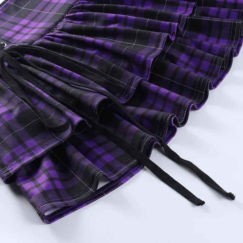 Vintage Y2K Punk Sexy High Waist Mini Skirts Purple Plaid Bandage Harajuku Aesthetic Skirt Goth Grunge Cake Skirt Streetwear