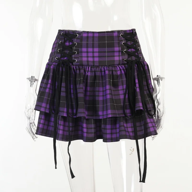 Vintage Y2K Punk Sexy High Waist Mini Skirts Purple Plaid Bandage Harajuku Aesthetic Skirt Goth Grunge Cake Skirt Streetwear