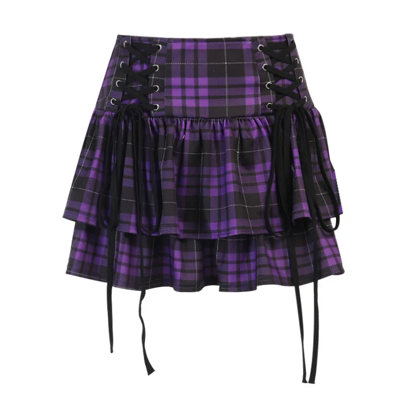 Vintage Y2K Punk Sexy High Waist Mini Skirts Purple Plaid Bandage Harajuku Aesthetic Skirt Goth Grunge Cake Skirt Streetwear