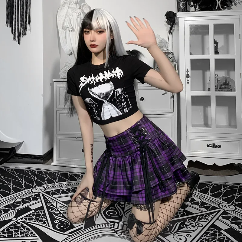 Vintage Y2K Punk Sexy High Waist Mini Skirts Purple Plaid Bandage Harajuku Aesthetic Skirt Goth Grunge Cake Skirt Streetwear