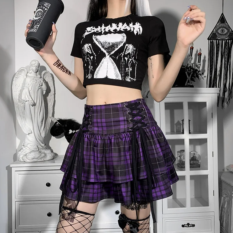 Vintage Y2K Punk Sexy High Waist Mini Skirts Purple Plaid Bandage Harajuku Aesthetic Skirt Goth Grunge Cake Skirt Streetwear