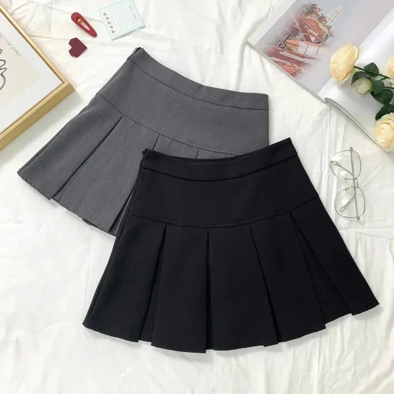 2026 New Black and Grey Pleated Skirt Women High Waist Mini Vintage Solid Skirts Korean Fashion School Uniform Streetwear