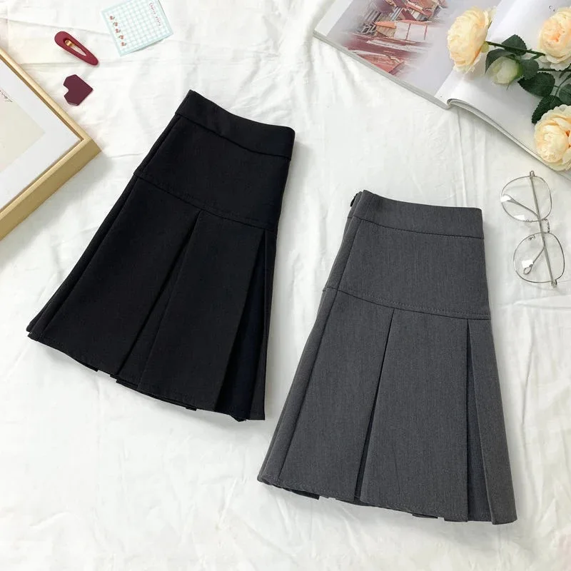 2026 New Black and Grey Pleated Skirt Women High Waist Mini Vintage Solid Skirts Korean Fashion School Uniform Streetwear