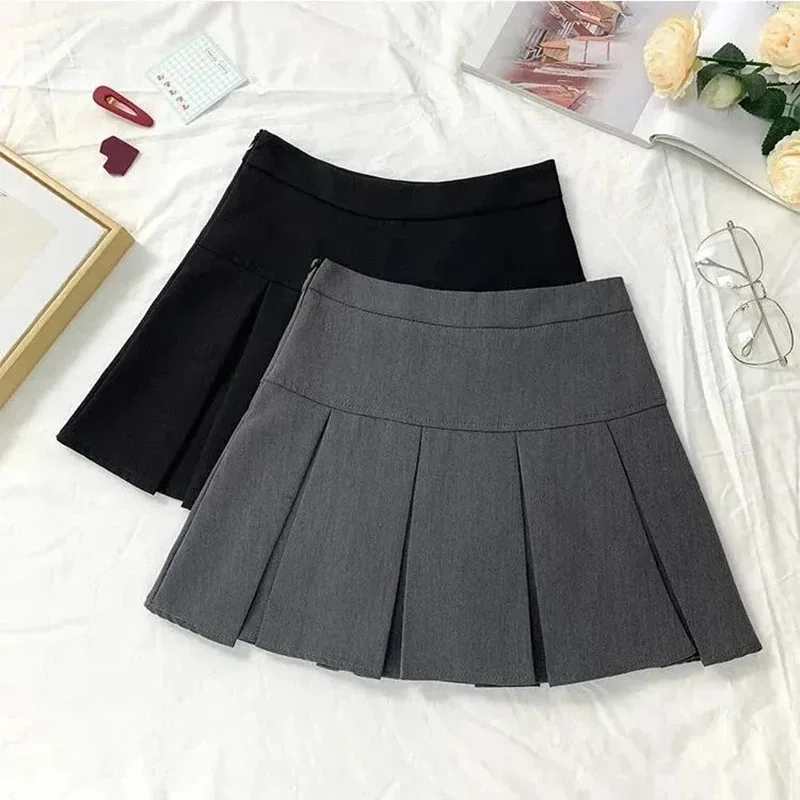 2026 New Black and Grey Pleated Skirt Women High Waist Mini Vintage Solid Skirts Korean Fashion School Uniform Streetwear