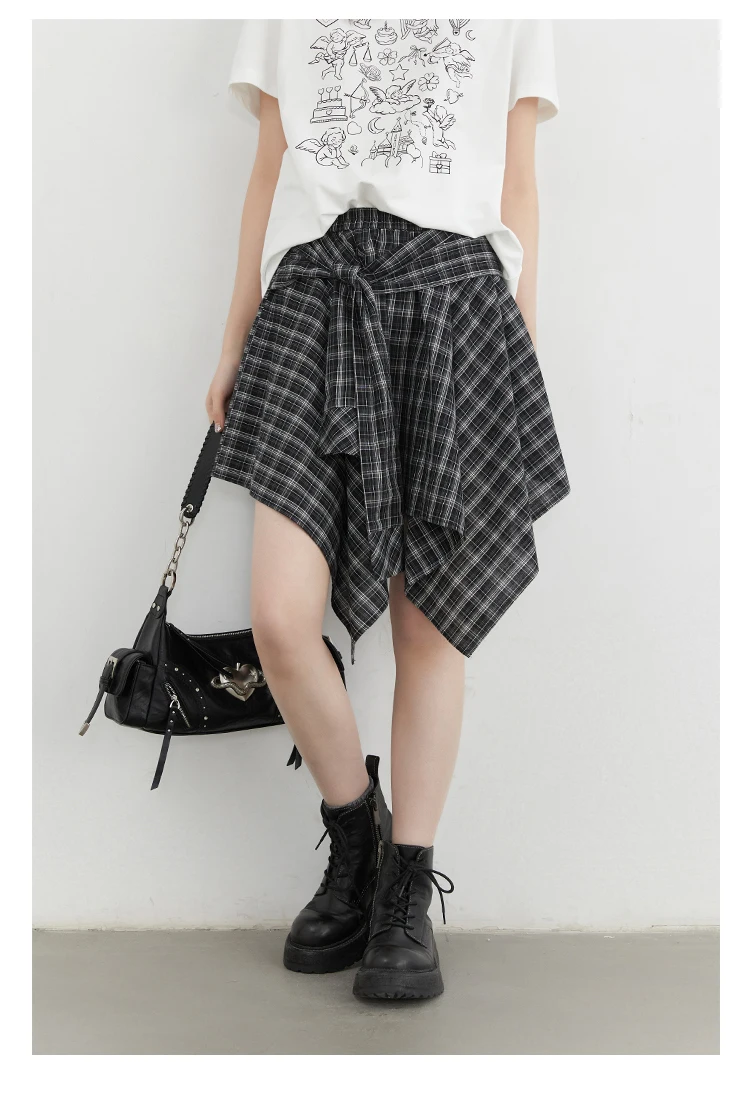 CHIC VEN Women Skirts A Line Elastic Waist Strap Ties Irregular Plaid Half Length Skirt Female Short Skirt Woman Summer 2025