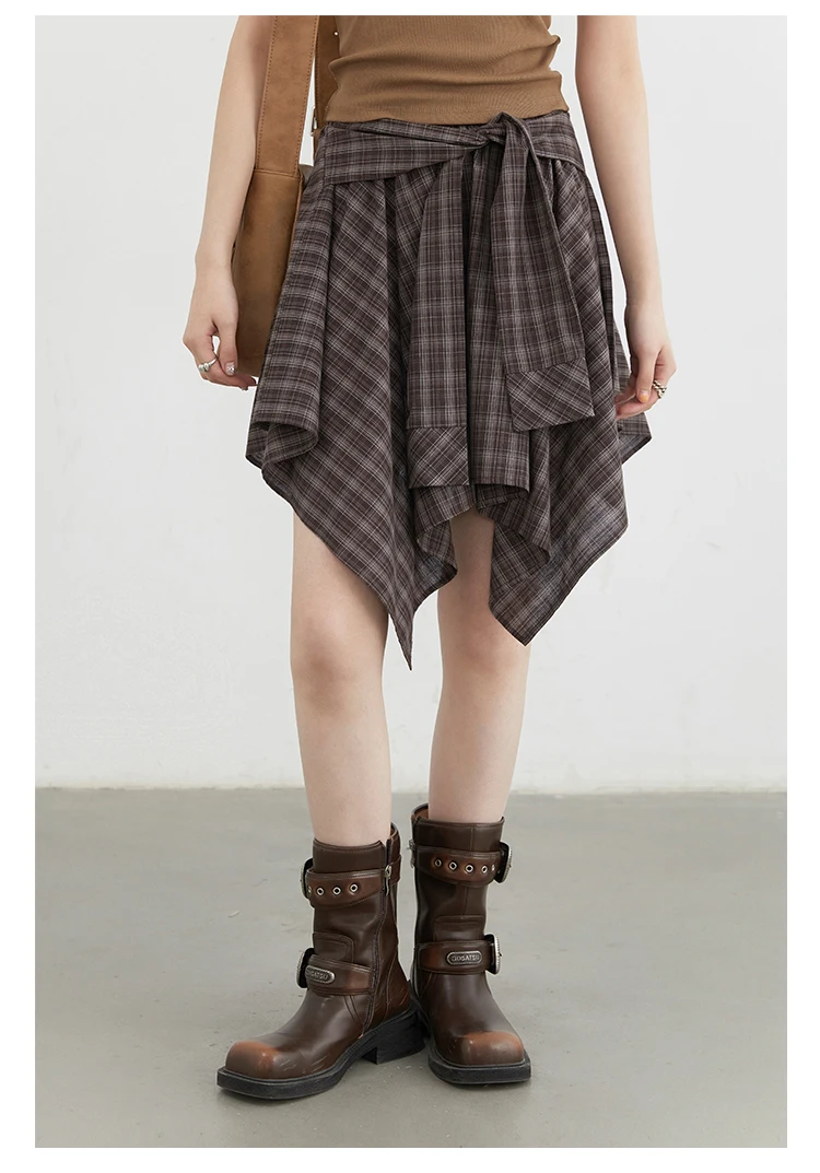 CHIC VEN Women Skirts A Line Elastic Waist Strap Ties Irregular Plaid Half Length Skirt Female Short Skirt Woman Summer 2025