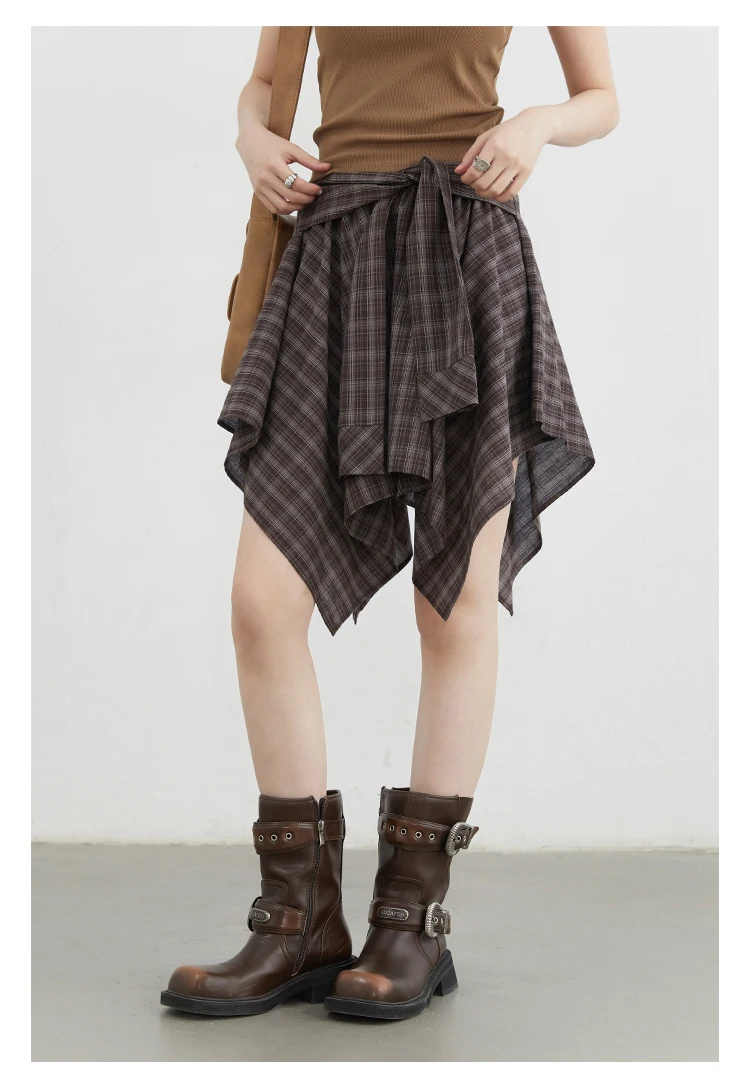 CHIC VEN Women Skirts A Line Elastic Waist Strap Ties Irregular Plaid Half Length Skirt Female Short Skirt Woman Summer 2025