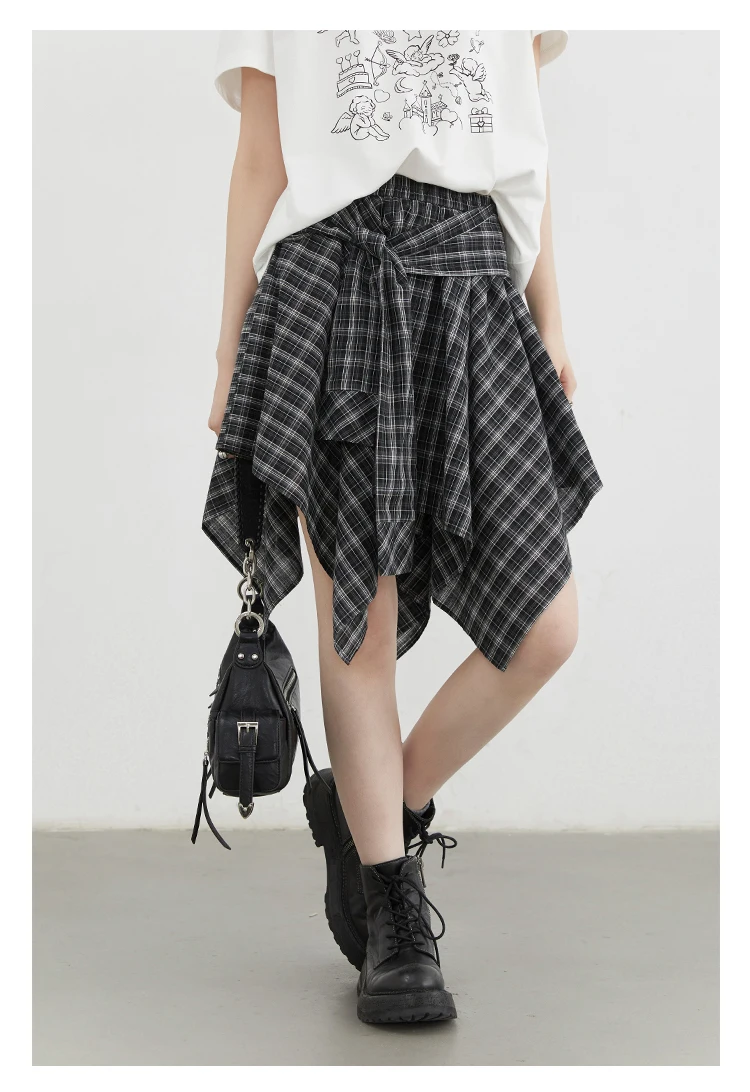 CHIC VEN Women Skirts A Line Elastic Waist Strap Ties Irregular Plaid Half Length Skirt Female Short Skirt Woman Summer 2025