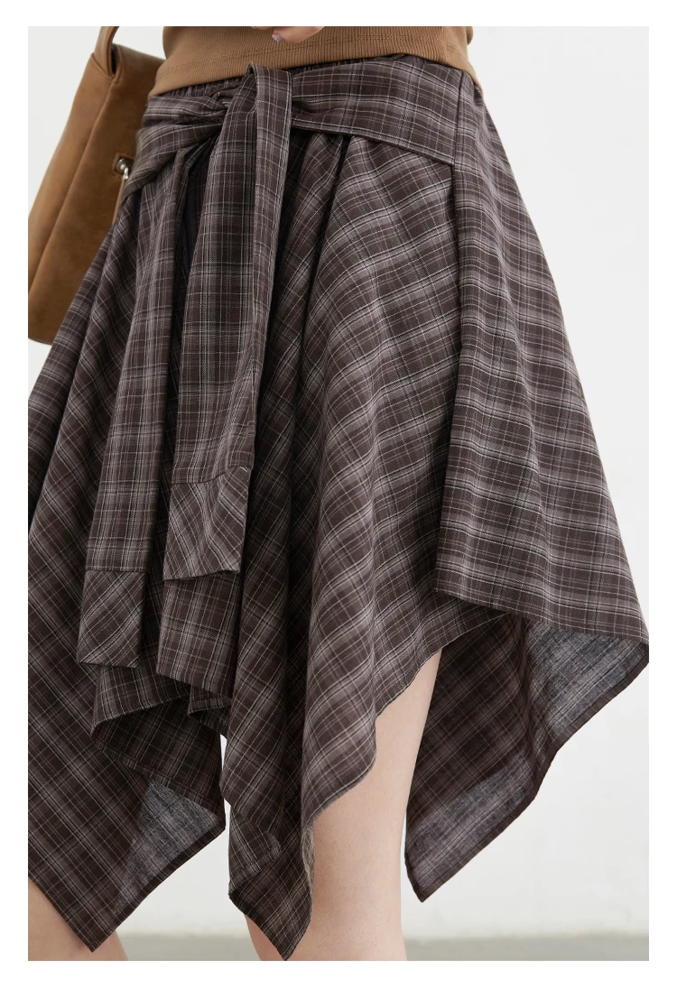 CHIC VEN Women Skirts A Line Elastic Waist Strap Ties Irregular Plaid Half Length Skirt Female Short Skirt Woman Summer 2025