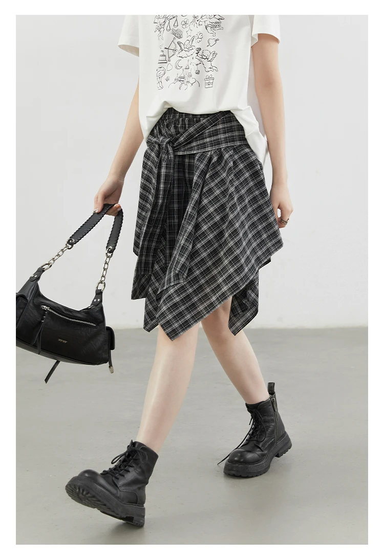 CHIC VEN Women Skirts A Line Elastic Waist Strap Ties Irregular Plaid Half Length Skirt Female Short Skirt Woman Summer 2025