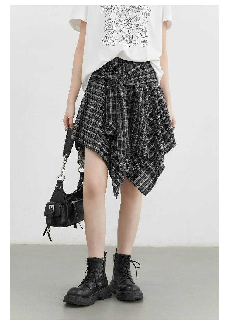 CHIC VEN Women Skirts A Line Elastic Waist Strap Ties Irregular Plaid Half Length Skirt Female Short Skirt Woman Summer 2025