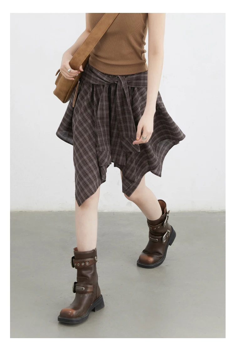 CHIC VEN Women Skirts A Line Elastic Waist Strap Ties Irregular Plaid Half Length Skirt Female Short Skirt Woman Summer 2025