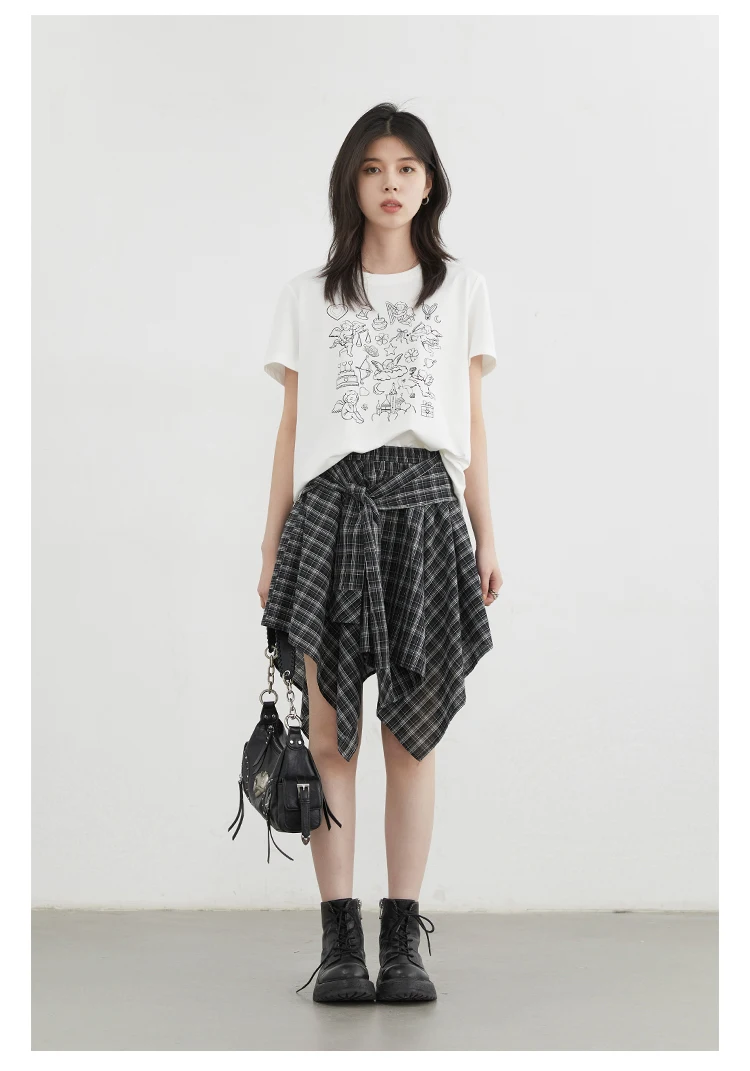 CHIC VEN Women Skirts A Line Elastic Waist Strap Ties Irregular Plaid Half Length Skirt Female Short Skirt Woman Summer 2025