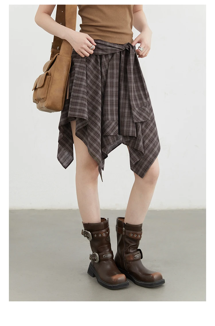 CHIC VEN Women Skirts A Line Elastic Waist Strap Ties Irregular Plaid Half Length Skirt Female Short Skirt Woman Summer 2025