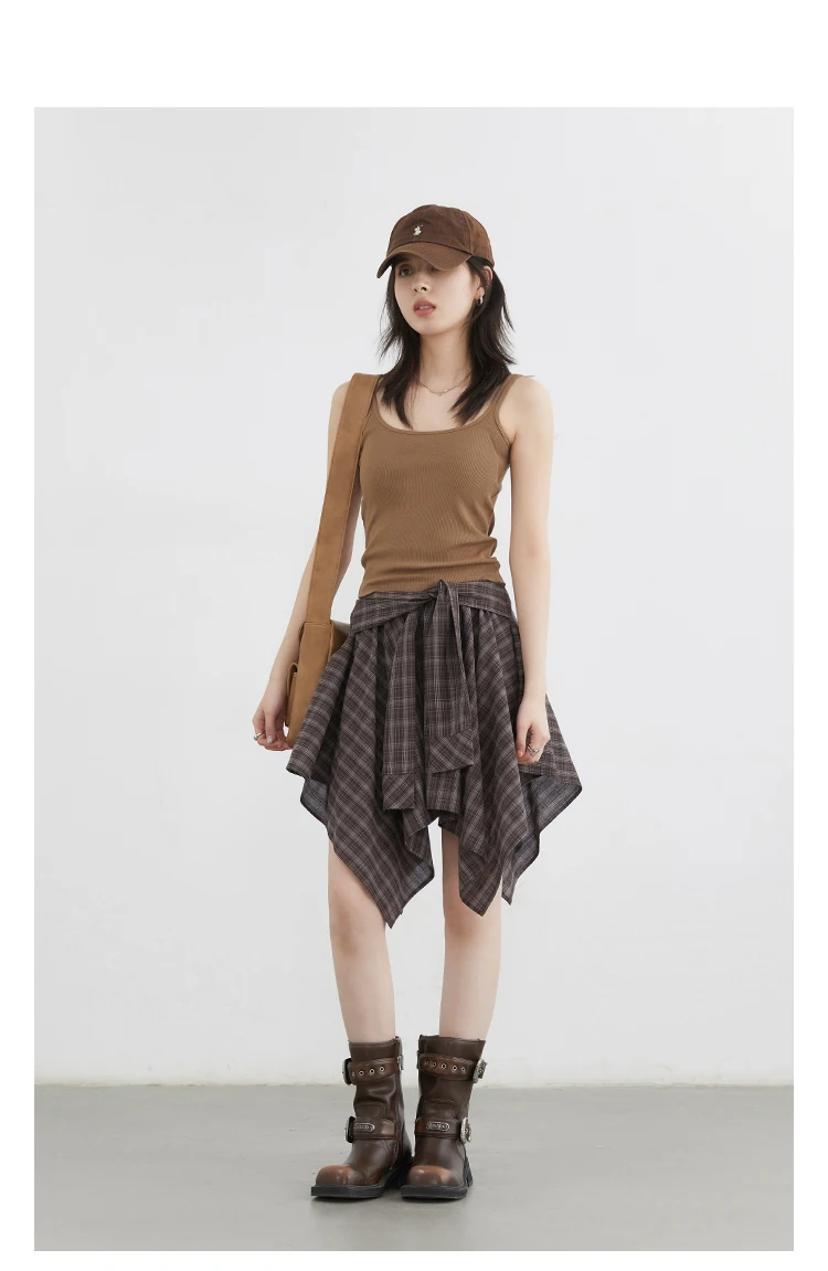 CHIC VEN Women Skirts A Line Elastic Waist Strap Ties Irregular Plaid Half Length Skirt Female Short Skirt Woman Summer 2025