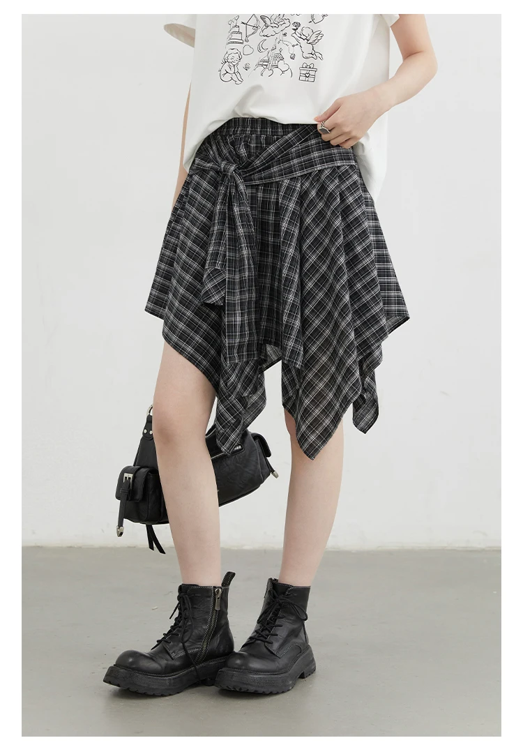 CHIC VEN Women Skirts A Line Elastic Waist Strap Ties Irregular Plaid Half Length Skirt Female Short Skirt Woman Summer 2025
