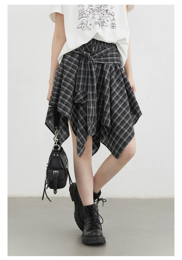 CHIC VEN Women Skirts A Line Elastic Waist Strap Ties Irregular Plaid Half Length Skirt Female Short Skirt Woman Summer 2025