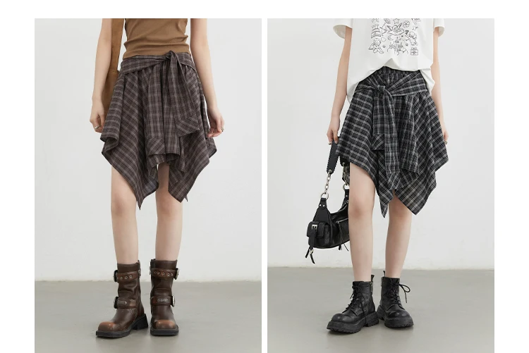 CHIC VEN Women Skirts A Line Elastic Waist Strap Ties Irregular Plaid Half Length Skirt Female Short Skirt Woman Summer 2025
