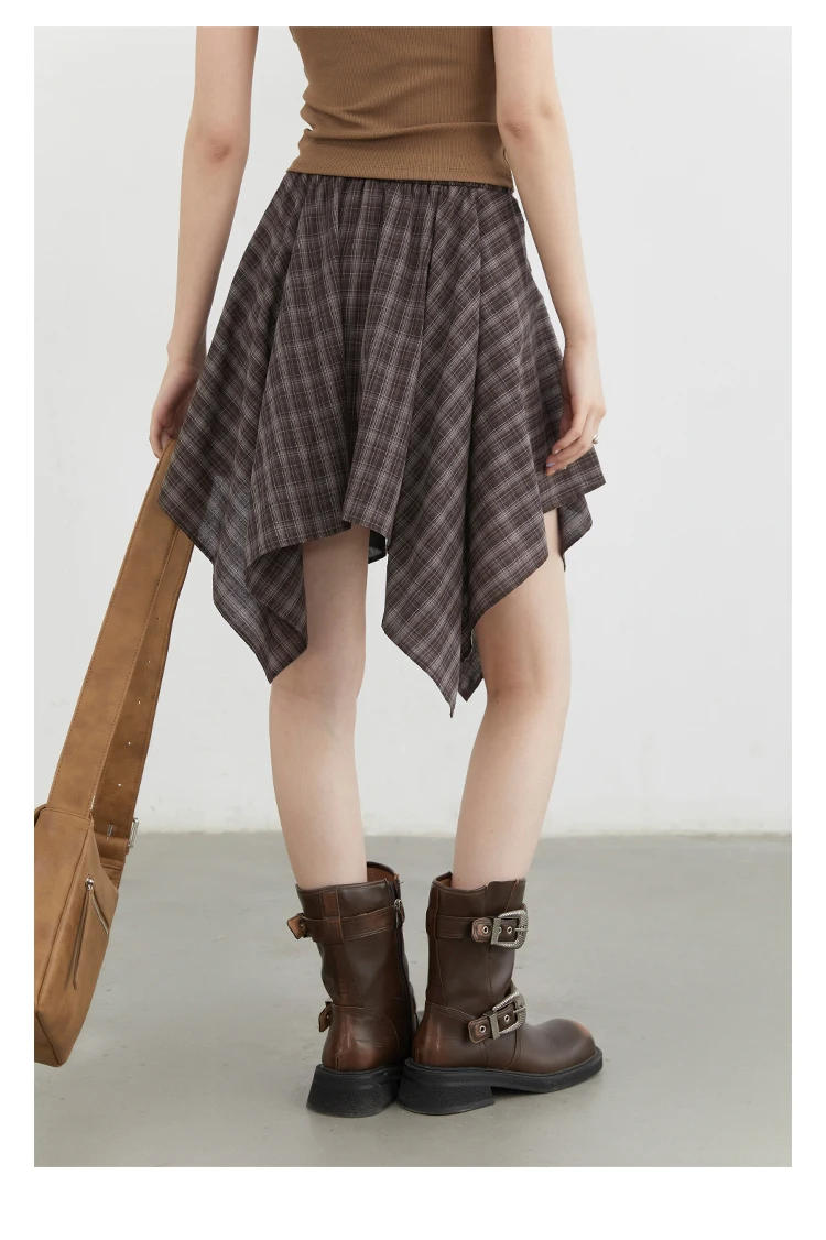 CHIC VEN Women Skirts A Line Elastic Waist Strap Ties Irregular Plaid Half Length Skirt Female Short Skirt Woman Summer 2025