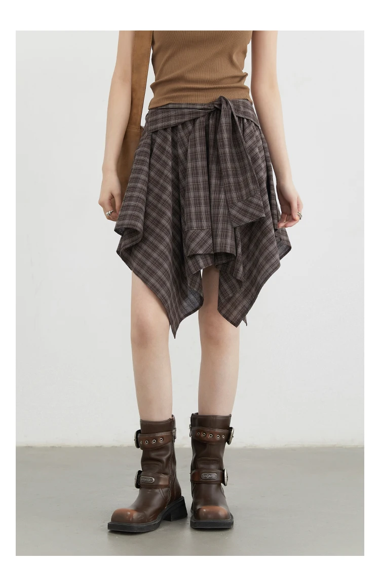 CHIC VEN Women Skirts A Line Elastic Waist Strap Ties Irregular Plaid Half Length Skirt Female Short Skirt Woman Summer 2025