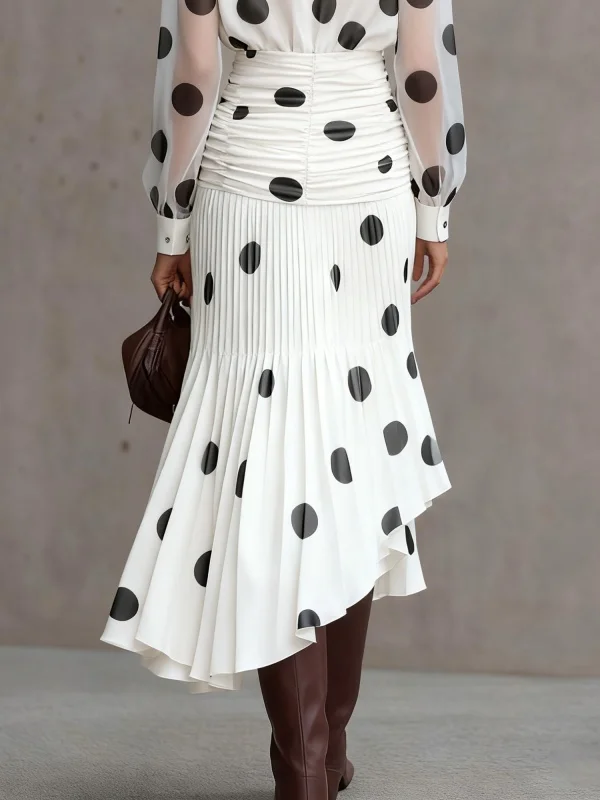 Modigirl Women's Vintage Polka Dot Asymmetric Pleated Skirt 2026 High-waisted Chiffon Versatile for Daily Office Autumn Wear