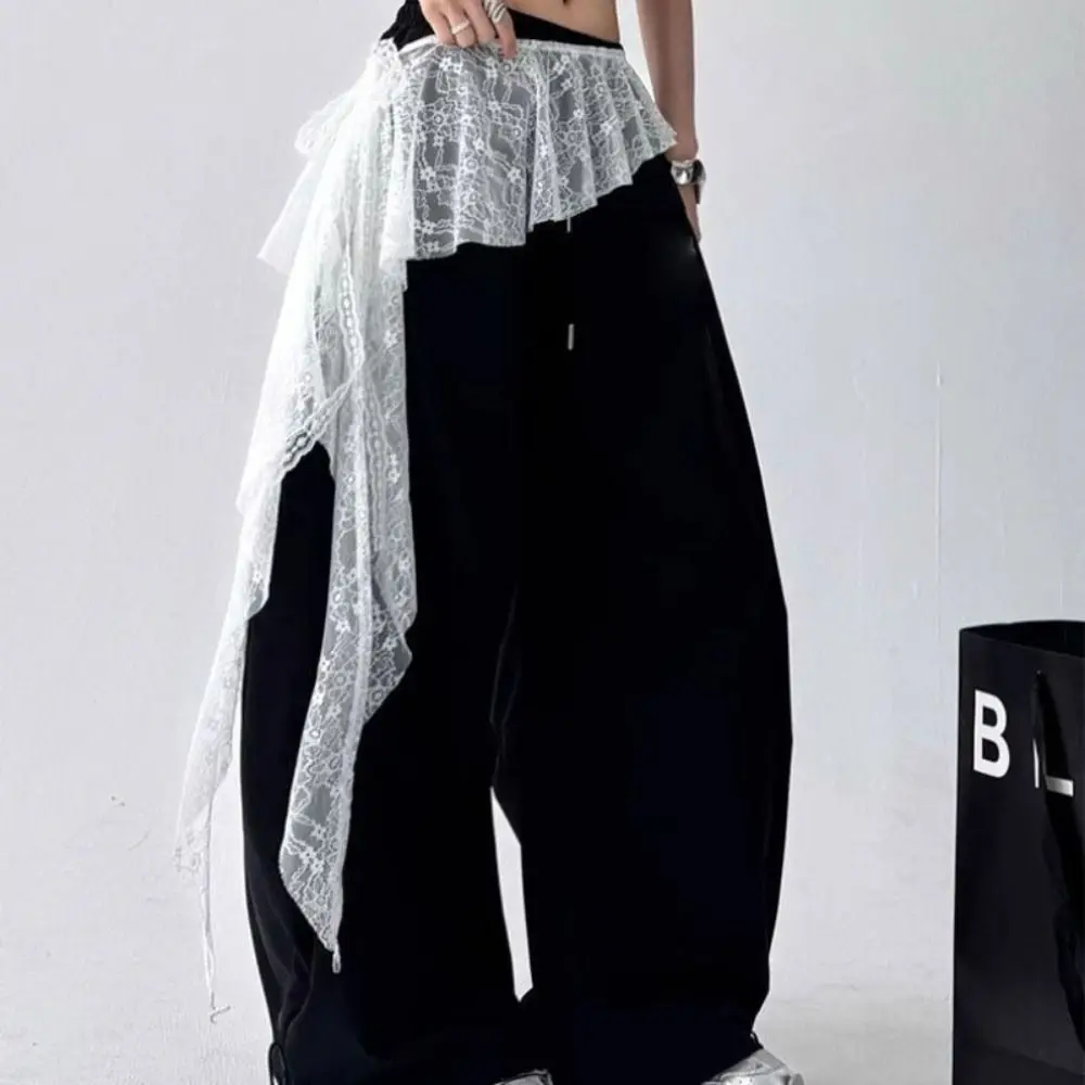 Jeans Pants Decor Embroidered Flower Lace Mini Skirt Irregular See Through Ruched Skirts High Waist Harajuku Pleated Skirts