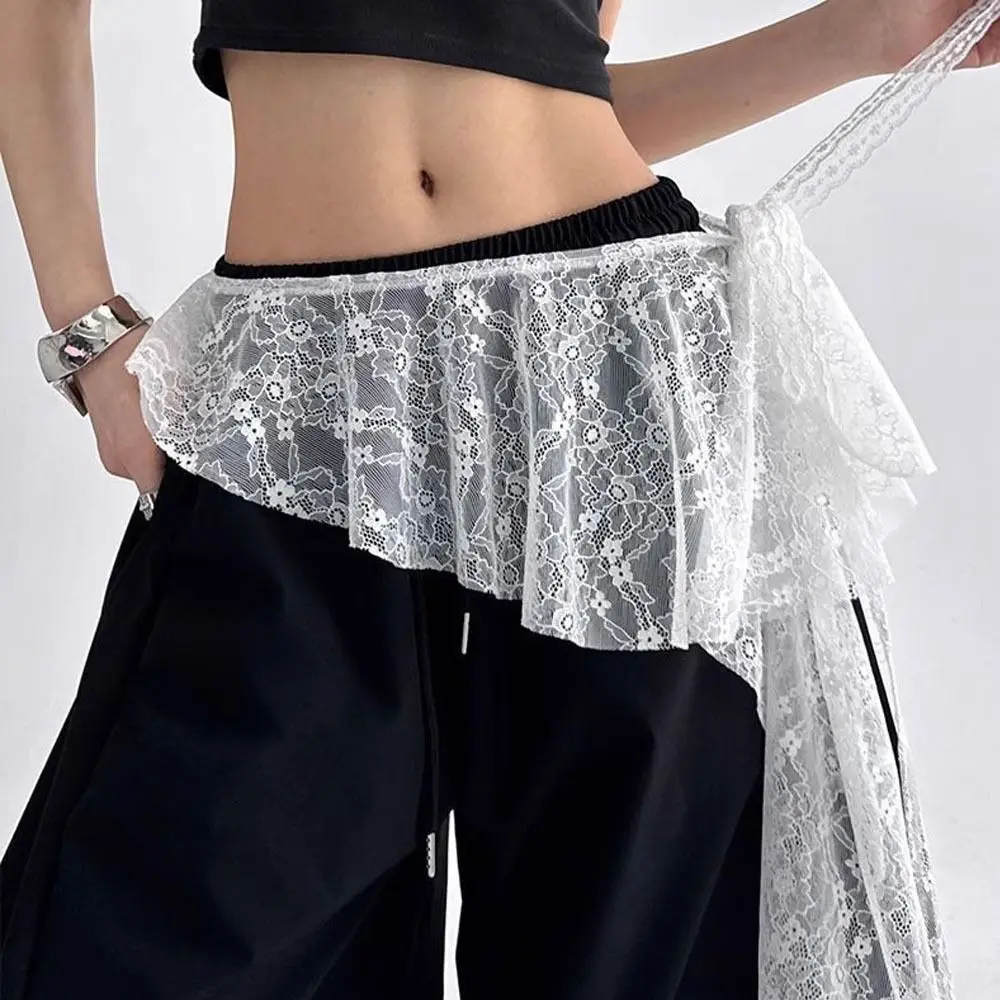 Jeans Pants Decor Embroidered Flower Lace Mini Skirt Irregular See Through Ruched Skirts High Waist Harajuku Pleated Skirts