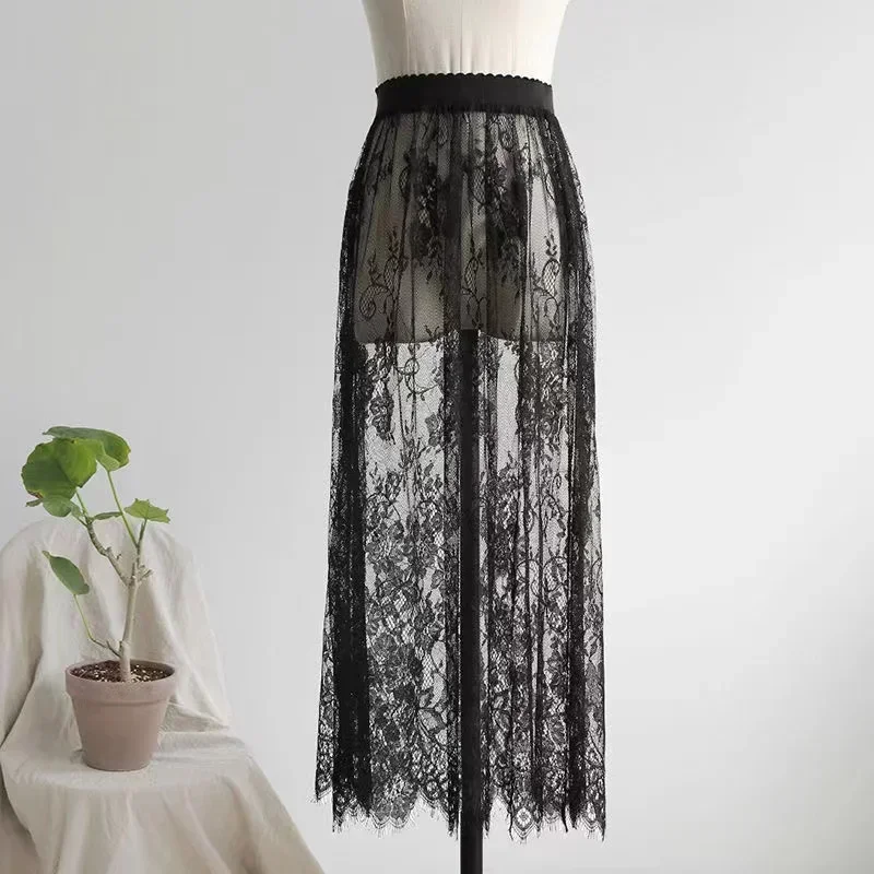 Summer Women Mesh Lace Transparent Long Tulle Skirt Korean Fashion Sexy Ladies Elastic High Waist Solid Beach Midi Skirt