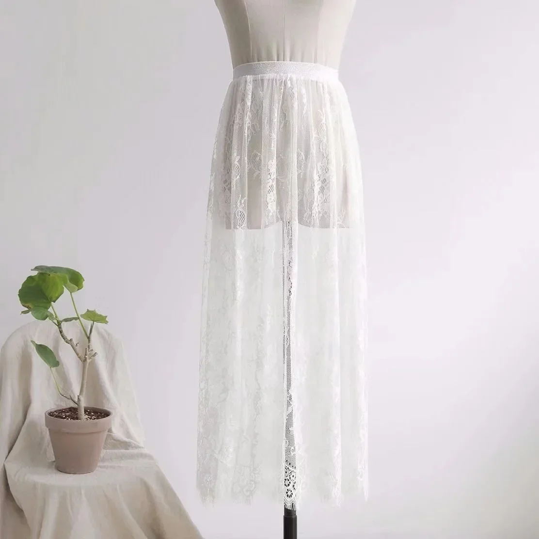 Summer Women Mesh Lace Transparent Long Tulle Skirt Korean Fashion Sexy Ladies Elastic High Waist Solid Beach Midi Skirt