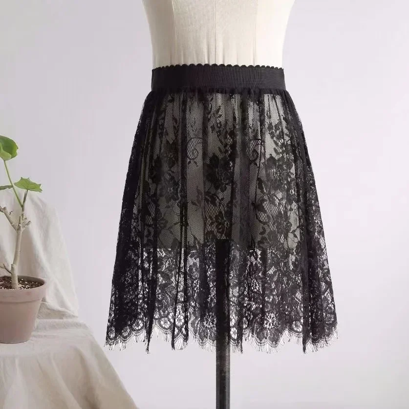 Summer Women Mesh Lace Transparent Long Tulle Skirt Korean Fashion Sexy Ladies Elastic High Waist Solid Beach Midi Skirt
