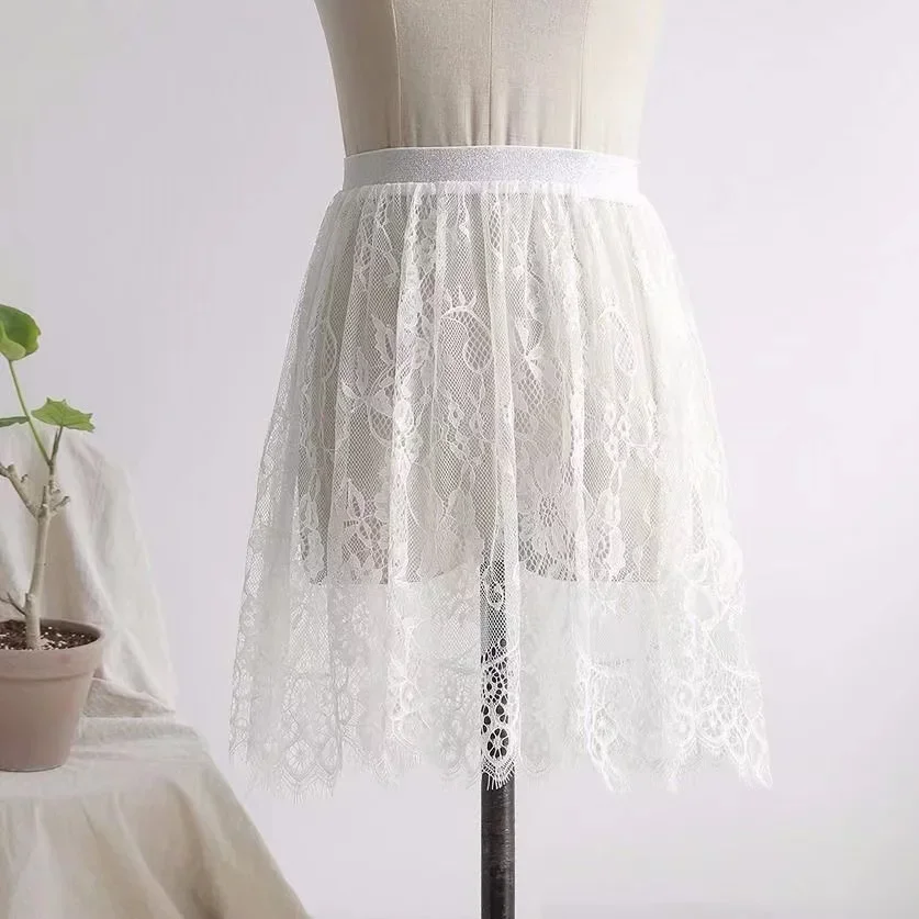 Summer Women Mesh Lace Transparent Long Tulle Skirt Korean Fashion Sexy Ladies Elastic High Waist Solid Beach Midi Skirt