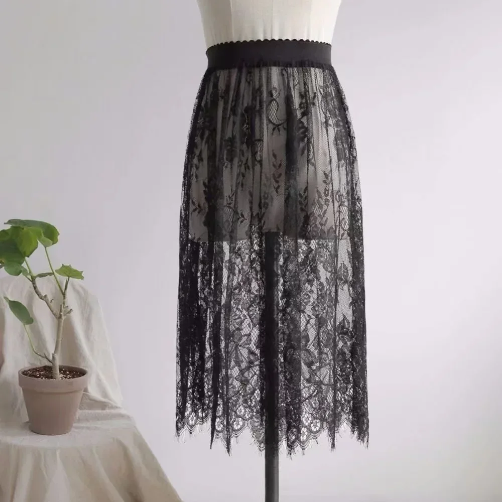 Summer Women Mesh Lace Transparent Long Tulle Skirt Korean Fashion Sexy Ladies Elastic High Waist Solid Beach Midi Skirt